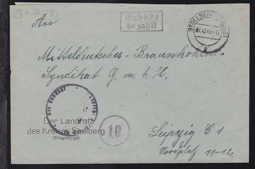 STOLLBERG (SACHS) e 1.12.45 + R2 Gebühr betahlt auf Brief des Landrat 