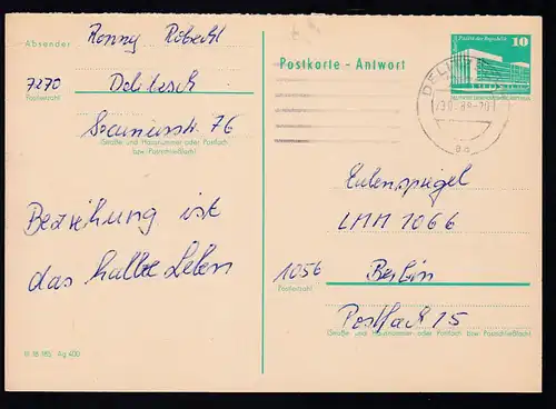 Bauwerke Kleinformat 10 Pfg. Antwortteil ab Delitzsch 23.08.88 nach Berlin