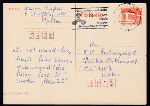 Bauwerke Kleinformat 10 Pfg. ab Apolda 07.11.86 nach Berlin