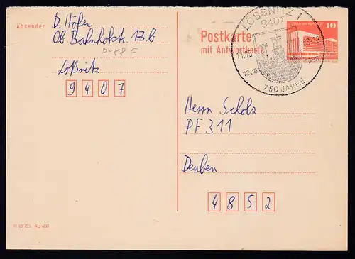 Bauwerke Kleinformat 10 Pfg. Frageteil ab Lössnitz 11.03.89 nach Berlin