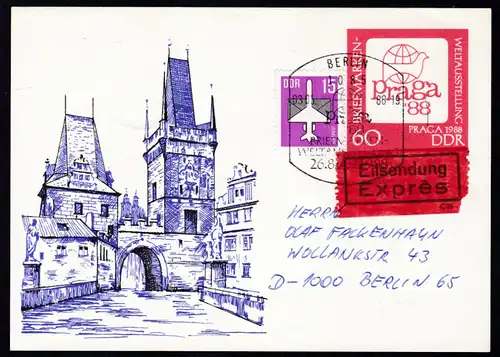 Briefmatkenausstellung "Praga '88" mit Zusatzfrankatur als Eilpostkarte 