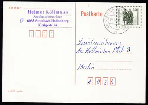 Bauten und Denkmäler 30 Pfg. ab Steinbach-Hallenberg 07.12.90 nach Berlin