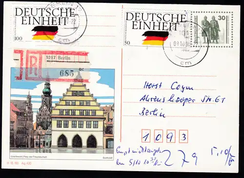 Bauten und Denkmäler 30 Pfg. Bild Greifswald mit Zusatzfrankatur als R-Postkarte