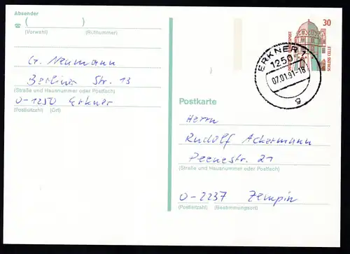 Sehenswüruigkeiten 30 Pfg. ab Erkner 07.01.91 nach Zempin