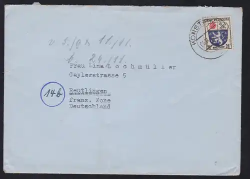 Wappen 24 Pfg. auf Brief ab Konstanz nach Reutlingen