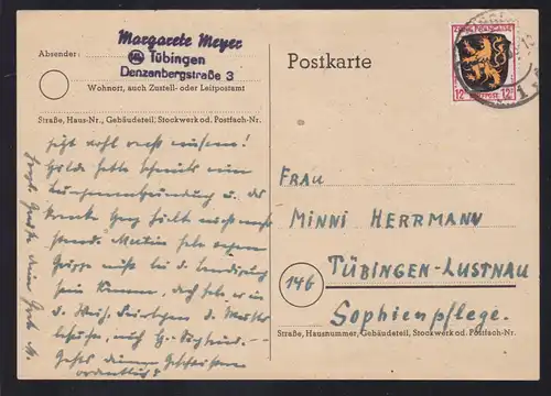 Wappen 12 Pfg. auf Postkarte ab Tübingen nach Tübingen-Lustnau