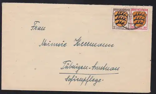 Wappen 5 Pfg. und 20 Pfg. auf Brief ab Tübingen nach Tübingen-Lustnau