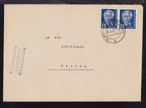 Wilhelm Pieck 12 Pfg. 2x auf Brief ab Hirschfelde (Kr. Zittau) 03.4.51 