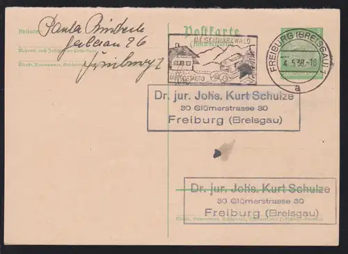 FREIBURG (BREISGAU) 11 a 4.5.38 IM SCHWARZWALD MIT POSTAUTO auf Ganzsache