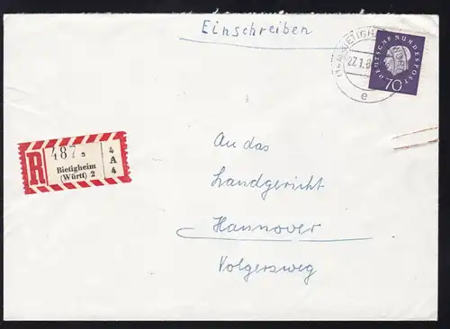 Heuss-Medaillon 70 Pfg. auf R-Brief ab Bietigheim (Württ) 27.7.60 nach Hannover