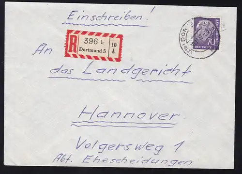 Theodor Heuss 70 Pfg. auf R-Brief ab Dortmund 31.1.57 nach Hannover