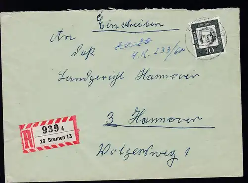 Bedeutende Deutsche 70 Pfg. auf R-Brief ab Bremen nach Hannover
