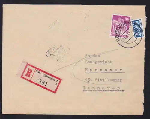 Bauten 80 Pfg. auf R-Brief ab Göttingrn 31.1.52 nach Hannover, 