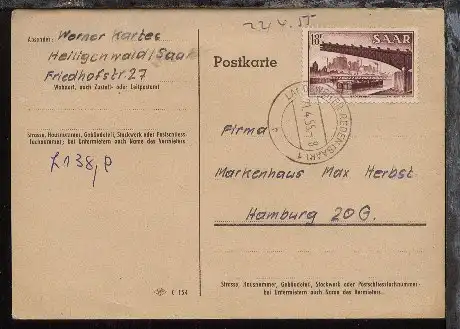 18 Fr. auf PK ab Landsweiler-Reden 21.4.55 nach Hamburg