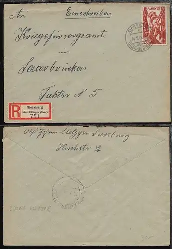 20 Fr. auf R-Bf. ab Siersburg über Dillingen 14.9.48 nach Saarbrücken
