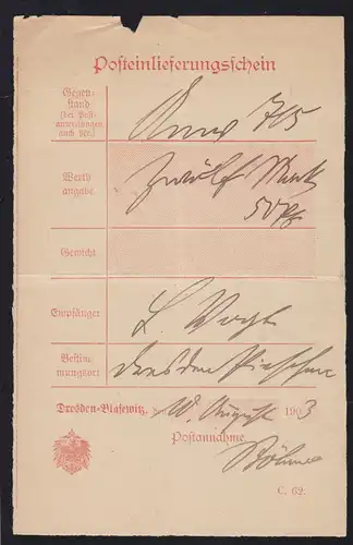 1863 Posteinlieferungsschein mit Ortsdruck Dresden-Blasewitz, Büge + Kerbe