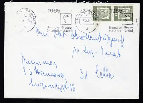 Bedeutende Deutsche 10 Pfg. senkr. Paar auf Brief ab Hannover 7.3.65 nach Celle