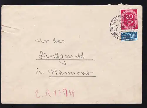 Posthorn 20 Pfg. auf Brief ab Lichtenhorst über Neustadt a. Rbge 27.5.52 