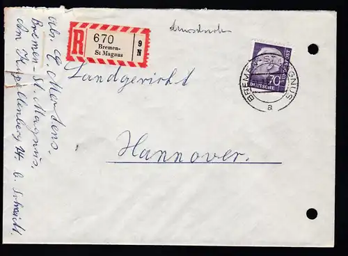 Theodor Heuss 70 Pfg. auf R-Brief ab Bremen-St. Magnus nach Hannover,