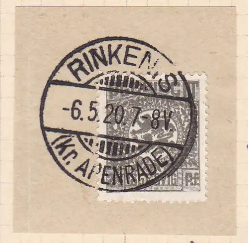 Wappen 2½  Pfg. auf Briefstück mit Stempel RINKENS (Kr. APENRADE) 6.5.20