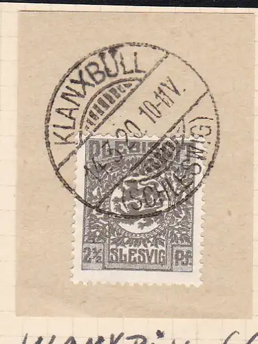 Wappen 2½  Pfg. auf Briefstück mit Stempel KLANXBÜLL (SCHLESWIG) 14.3.20