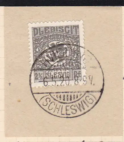 Wappen 2½  Pfg. auf Briefstück mit Stempel HVIDDING (SCHLESWIG) 6.5.20