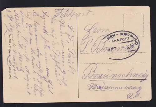 AACHEN-DORTMUND BAHNPOST Z. 427 24.3.16 auf Feldpost-AK (Aachen Kaserne 1. 