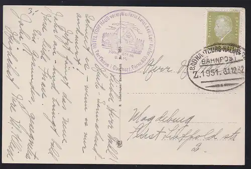 BAD HARZBURG-HALBERSTADT BAHNPOST Z. 195131.12.32 + Cachet Hotel Torfhaus auf AK