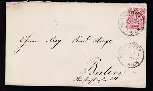 Ziffer 1 Gr. auf Brief mit K2 RHEYDT 20.3.71 nach Berlin