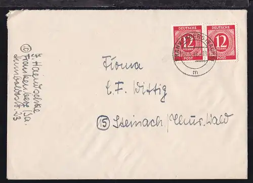 Ziffer 12 Pfg. 2x auf Brief Frankenberg (Sachs) 22.5.46 nach Steinach /Thür Wald