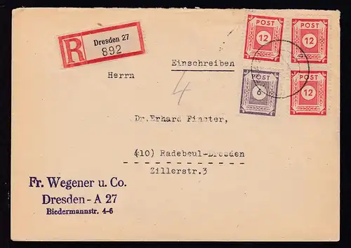 Ziffer 6 Pfg. und 12 Pfg. (3x) auf Firmen-R-Brief (Fr. Wegener u. Co., Dresden) 