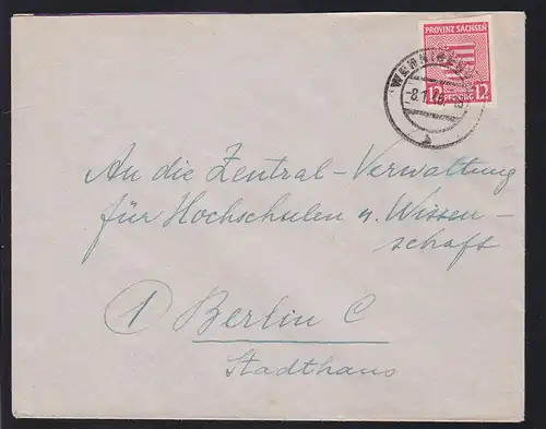 Wappen 12 Pfg. auf Brief ab Wernigerode 8.1.46 nach berlin