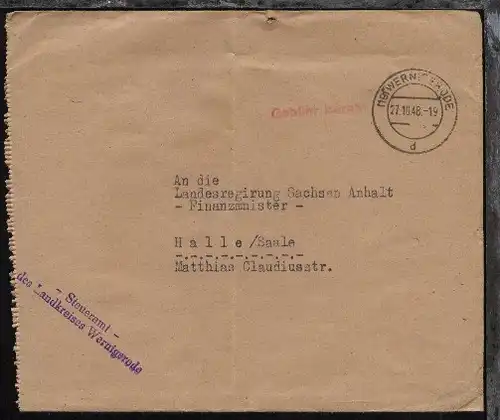 Wernigerode OSt. (19) WERNIGERODE d 27.10.48 + L1 Gebühr bezahlt auf Bf. 