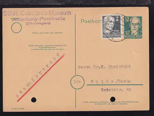 Persönlichkeiten 10 Pfg. mit Zusatzfrankatur als Postkarte des Gabolantz-Museum