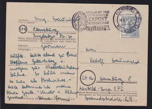 Arbeiter 12 Pfg. auf Postkarte ab Flrnsburg 3 Reichspost 26.9.47 nach Hamburg