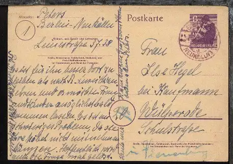 6 Pfg. mit viol. Stpl. BERLIN-NEUKÖLLN d 27.2.46 nach Wülperode 