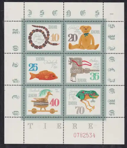 Historisches Spielzeug (II) Tiere, Kleinbogen **