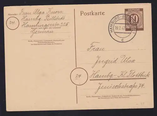 Ziffer 10 Pfg. ab Hamburg-Billstedt 19.2.47 nach Hamburg-Kl. Flottbeck