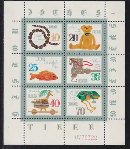 Historisches Spielzeug (II) Tiere, Kleinbogen **