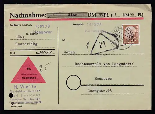 Theodor Heuss 60 Pfg. auf Nachnahme-Brief ab Bad Pyrmont nach Hannover, 