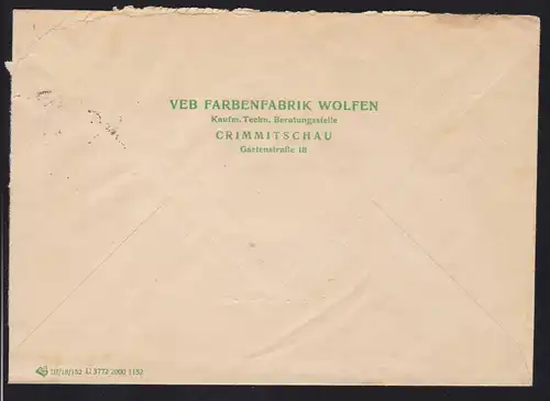 Staatswappen 20 Pfg. auf Brief des VEB Farbenfabrik Wolfen Kaufm. Techn. 