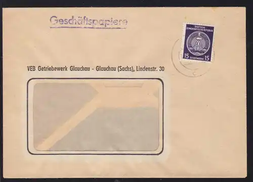 Staatswappen 15 Pfg. auf Fensterbrief des VEB Getriebewerk Glauchau