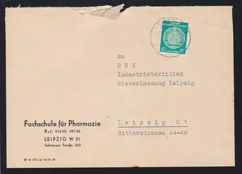 Staatswappen 10 Pfg. auf Brief der Fachschule für Pharmazie Leipzig, 