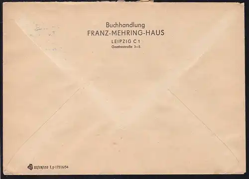 Staarswappen 20 Pfg. auf Fensterbrief der Buchhandlung Franz-Mehring-Haus 