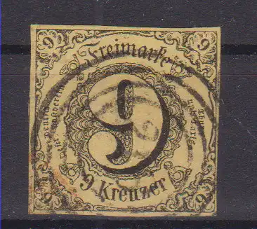 Ziffer 9 Kr. mit Nummernstempel 215(= Wiesbaden)