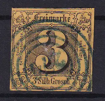 Ziffer 3 Sgr. mit blauem Nummernstempel 274(= Neudietendorf), gepr. Bühler BPP