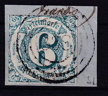 Ziffer 6 Kr. auf Briefstück mit Nummernstempel 338(= Lehesten)