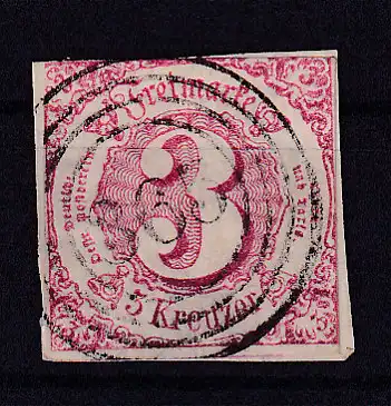 Ziffer 3 Kr. auf Briefstück mit Nummernstempel 365(= Dettingen)