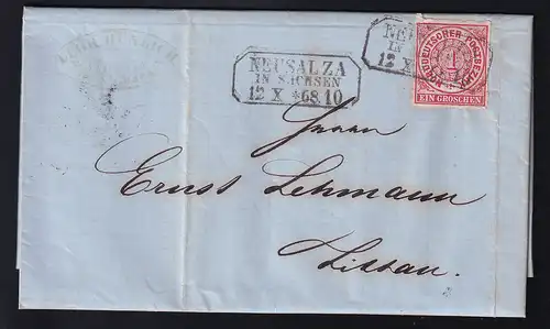 Ziffer 1 Gr. auf Brief mit R3 NEUSALZA IN SACHSEN 12.X.68 nach Zittau