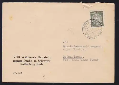 Staatswappen 20 Pfg. auf Brief des VEB Walzwerk Hettstedt Zweigwerk Rothenburg/